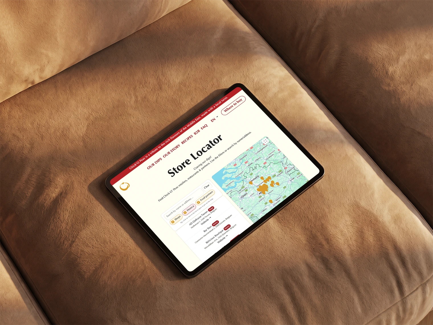 Chick'O Peas interactive store locator map on tablet
